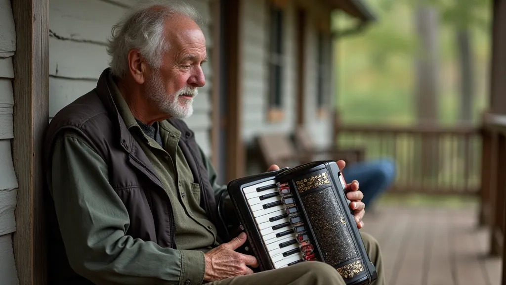 Elderly man with accordion on porch