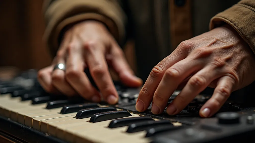 Hands repairing an antique accordion