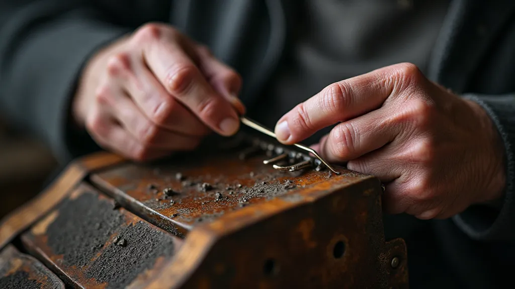 Elderly man repairing an antique accordion