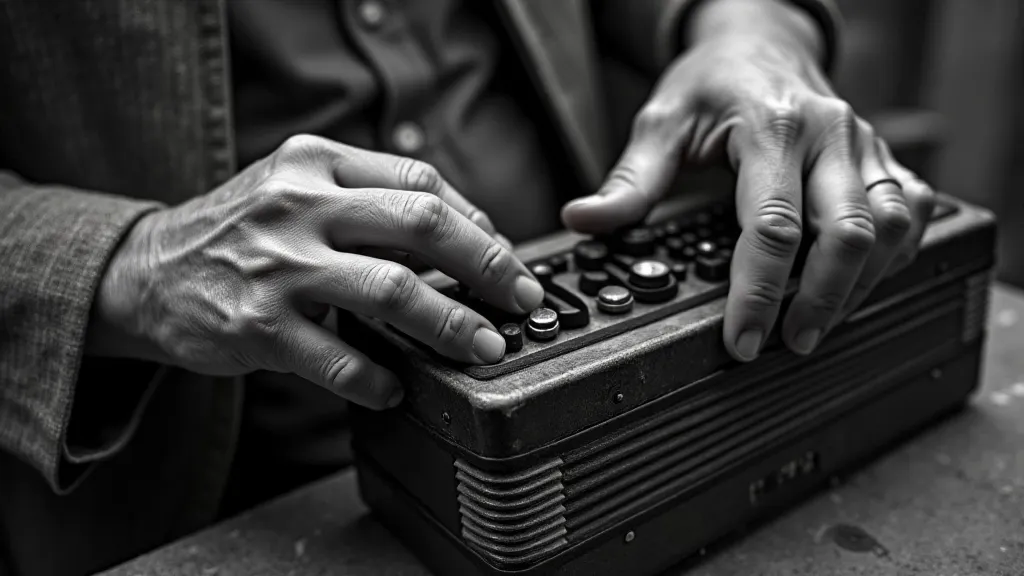 Elderly man repairing an accordion