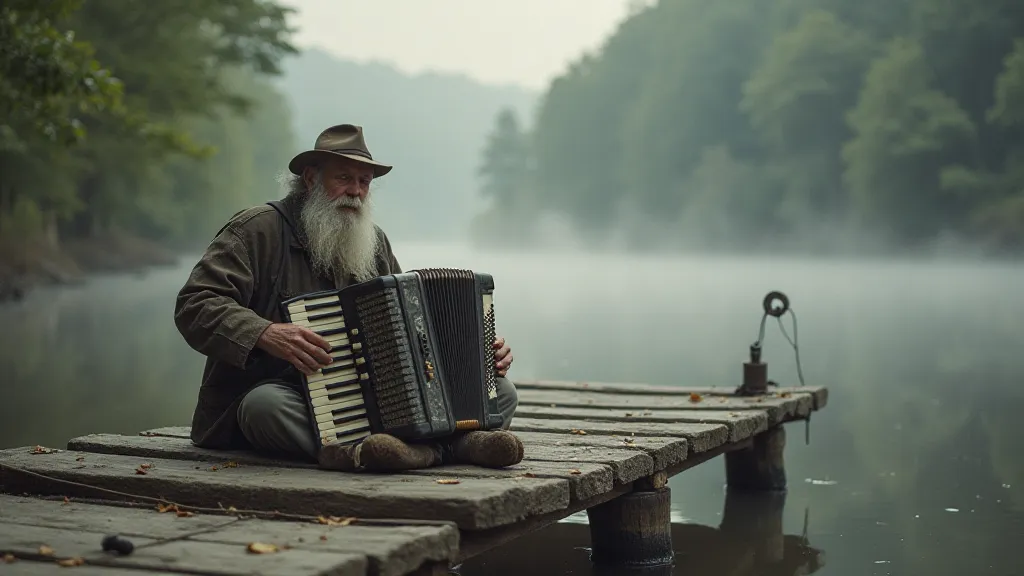 Accordion player on Appalachian river dock