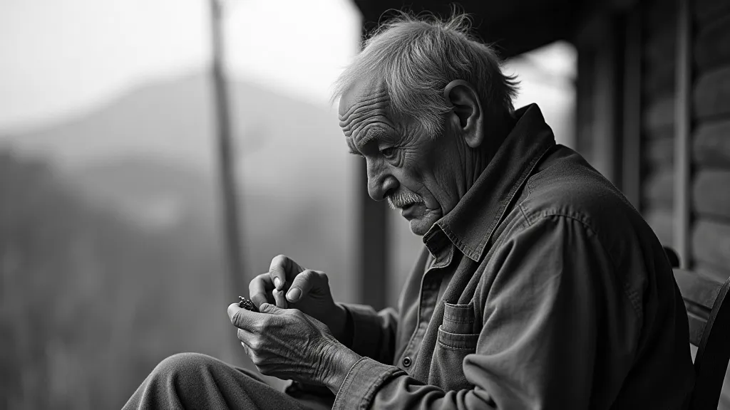 Appalachian man whittling wood on his porch