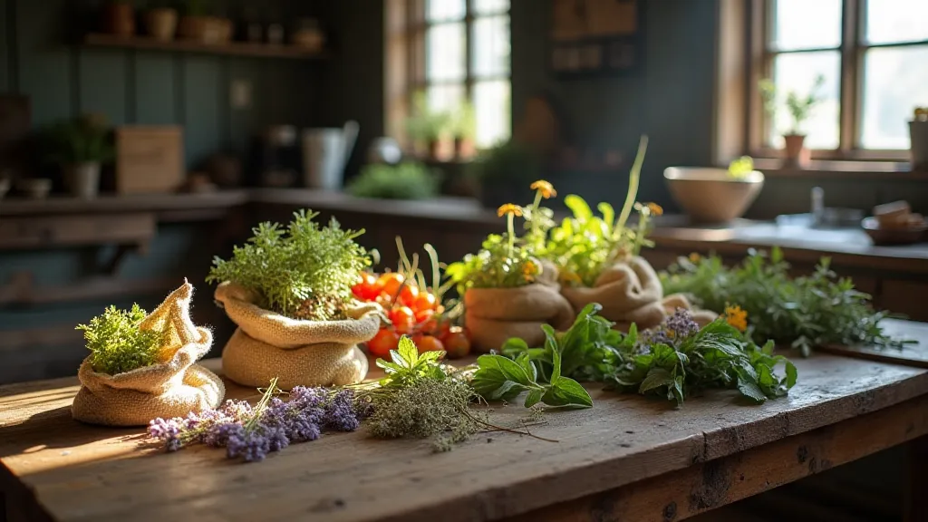 Dried herbs on a wooden table