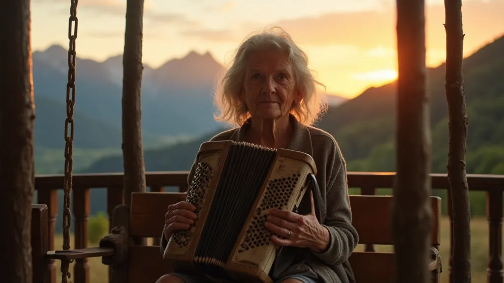 Elderly woman playing accordion on a porch