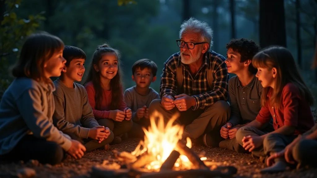 Children listening to a storyteller by a bonfire